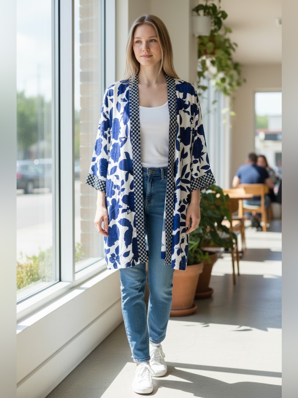 CAbi Blue & White Floral Open-Front Kimono Cardigan size M/L
